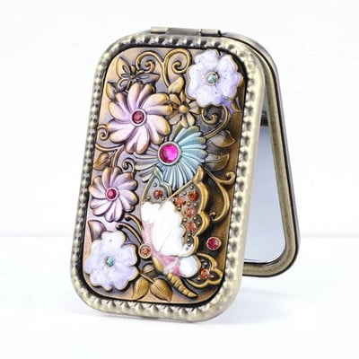 Retro makiažo veidrodis, nešiojamasis vintage povas, kosmetinis sulankstomas veidrodis, tuščiaviduris metalinis kompaktiškas kišeninis veidrodis kelionės