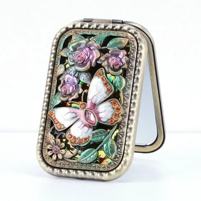 Retro makiažo veidrodis, nešiojamasis vintage povas, kosmetinis sulankstomas veidrodis, tuščiaviduris metalinis kompaktiškas kišeninis veidrodis kelionės