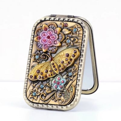 Retro makiažo veidrodis, nešiojamasis vintage povas, kosmetinis sulankstomas veidrodis, tuščiaviduris metalinis kompaktiškas kišeninis veidrodis kelionės