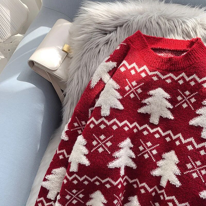 EBAIHUI Χριστουγεννιάτικο δέντρο πουλόβερ Crew Neck Woman πλεκτά πουλόβερ Vintage Loose Jumper Festival Μακρυμάνικα μπλουζάκια Γυναικεία πουλόβερ