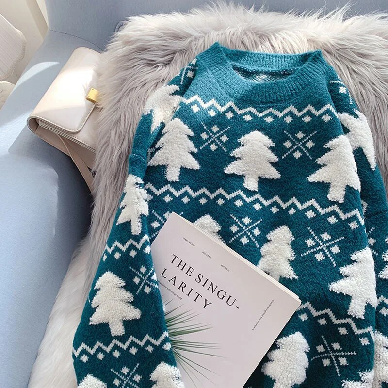 EBAIHUI Χριστουγεννιάτικο δέντρο πουλόβερ Crew Neck Woman πλεκτά πουλόβερ Vintage Loose Jumper Festival Μακρυμάνικα μπλουζάκια Γυναικεία πουλόβερ