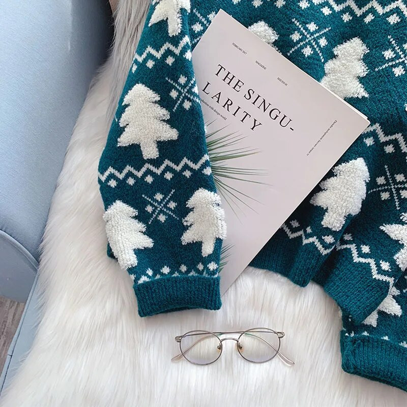 EBAIHUI Χριστουγεννιάτικο δέντρο πουλόβερ Crew Neck Woman πλεκτά πουλόβερ Vintage Loose Jumper Festival Μακρυμάνικα μπλουζάκια Γυναικεία πουλόβερ