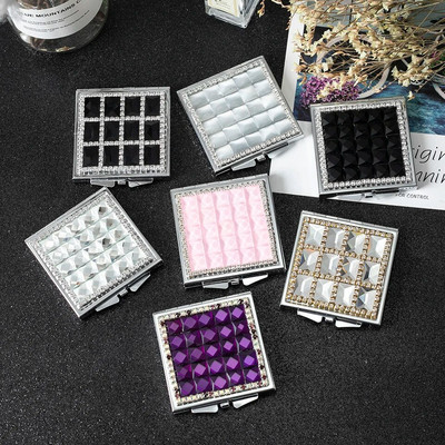 Mini kišeninis kosmetinis makiažo veidrodis, iš dviejų pusių sulankstomas kompaktiškas veidrodinis makiažas, 8 spalvų krištolo didmeninė prekyba vakarėliuose, dovanos, suvenyrai