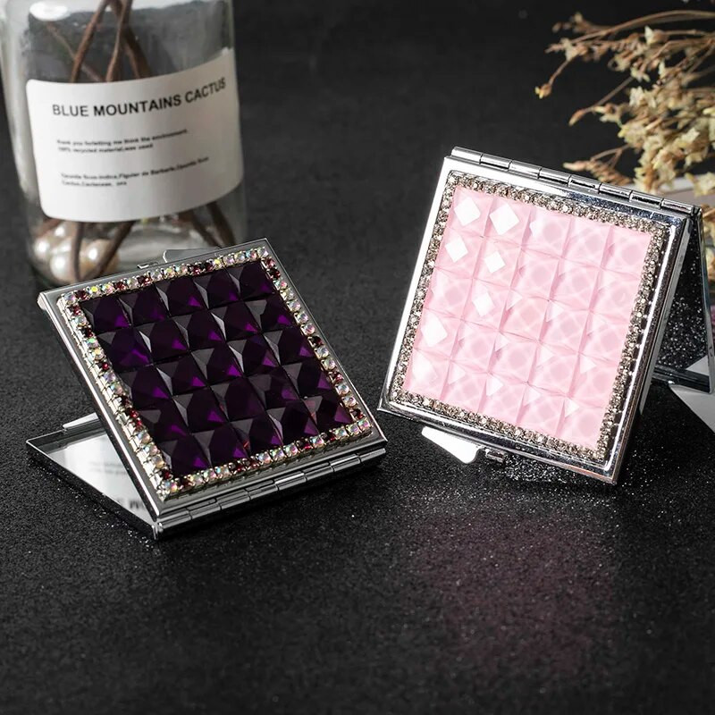 Mini kabatas kosmētikas spogulis, no divām pusēm salokāms kompakts spoguļa grims, 8 krāsu kristāla vairumtirdzniecība ballītes, dāvanas, suvenīri