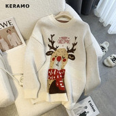 2023. gada ziemas ikdienišķa adīšana ar garām piedurknēm, dzīvnieku apdrukas džemperi sievietēm Ziemassvētku vintage brīvā piegriezuma trikotāžas džempera augšdaļa