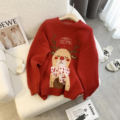 2023. gada ziemas ikdienišķa adīšana ar garām piedurknēm, dzīvnieku apdrukas džemperi sievietēm Ziemassvētku vintage brīvā piegriezuma trikotāžas džempera augšdaļa