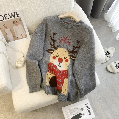 2023. gada ziemas ikdienišķa adīšana ar garām piedurknēm, dzīvnieku apdrukas džemperi sievietēm Ziemassvētku vintage brīvā piegriezuma trikotāžas džempera augšdaļa