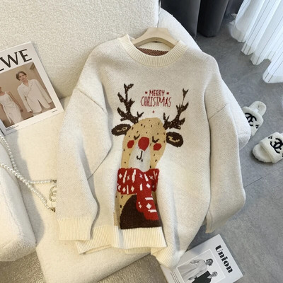 2023. gada ziemas ikdienišķa adīšana ar garām piedurknēm, dzīvnieku apdrukas džemperi sievietēm Ziemassvētku vintage brīvā piegriezuma trikotāžas džempera augšdaļa