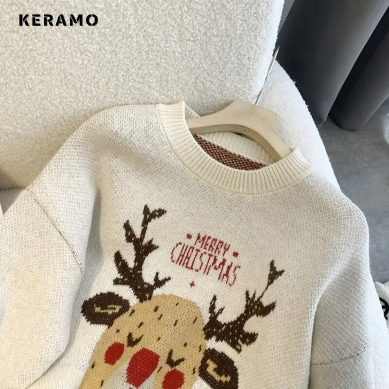 2023. gada ziemas ikdienišķa adīšana ar garām piedurknēm, dzīvnieku apdrukas džemperi sievietēm Ziemassvētku vintage brīvā piegriezuma trikotāžas džempera augšdaļa