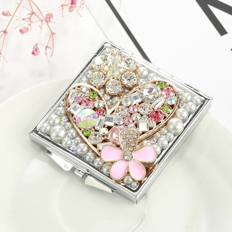 Mazs kabatas kosmētiskais roku kosmētikas spogulis, pērļu sirds ziedu dizaina spogulis, salokāms kompakts spogulis grimam, ballītes dāvana