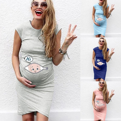 Kismama ruhák Nyári Női Terhes Ujjatlan Legénynyak Rajzfilm minták Tankruha Terhes Bodycon Ruha Babazuhany