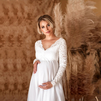 Φόρεμα εγκυμοσύνης Μακρυμάνικο δαντέλα συνονθύλευμα Έγκυος Σέξι Φαρδιά Φόρεμα ουράς Φόρεμα για έγκυο