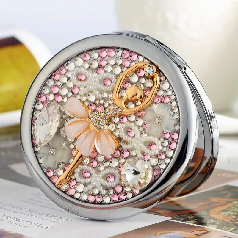 Mini Pocket Beauty kosmētiskais grims rokas spogulis, eleganta kristāla baleta meitene, Ziemassvētku dāvanas, salokāms palielināms spogulis