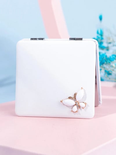 Mini Pocket Cosmetic Beauty sminktükör, 2-arcú PU bőr hordozható nagyító, összecsukható kompakt tükör, pillangós buli