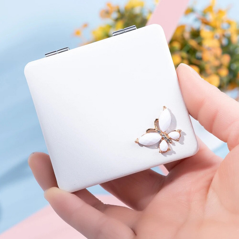 Mini Pocket Cosmetic Beauty sminktükör, 2-arcú PU bőr hordozható nagyító, összecsukható kompakt tükör, pillangós buli