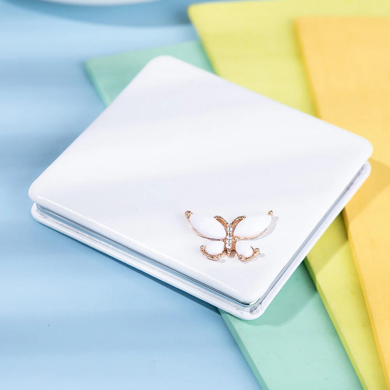 Mini Pocket Cosmetic Beauty sminktükör, 2-arcú PU bőr hordozható nagyító, összecsukható kompakt tükör, pillangós buli