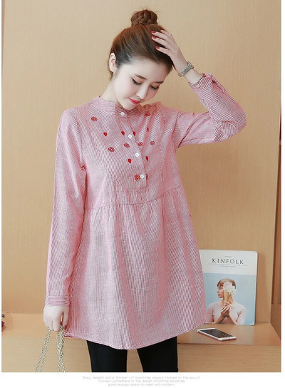 Πουκάμισα για έγκυες γυναίκες Φιόγκος Άνοιξη Χαλαρά άνετα Μπλούζες εγκυμοσύνης Μόδα Ριγέ ρούχα εγκυμοσύνης Casual πουκάμισο