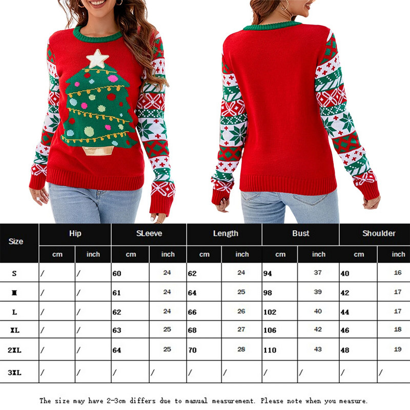 Ženski jesenski zimski božićni pulover s o-izrezom i otisnutim drvcem, široki pulover dugih rukava Ženski ležerni festivalski topli pleteni top