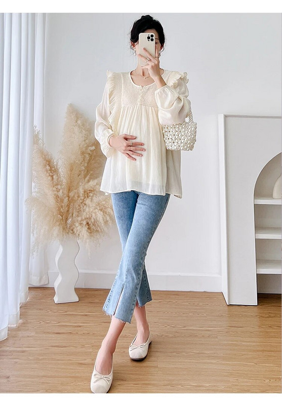 2023 Proljeće Jesen Odjeća za trudnice Korejski stil Dugi rukavi Nabori Patchwork Šifonske košulje za trudnice Široke bluze Slatke