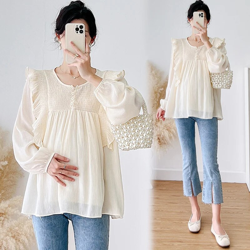 2023 Proljeće Jesen Odjeća za trudnice Korejski stil Dugi rukavi Nabori Patchwork Šifonske košulje za trudnice Široke bluze Slatke