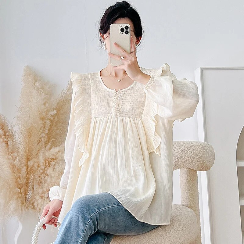 2023 Proljeće Jesen Odjeća za trudnice Korejski stil Dugi rukavi Nabori Patchwork Šifonske košulje za trudnice Široke bluze Slatke
