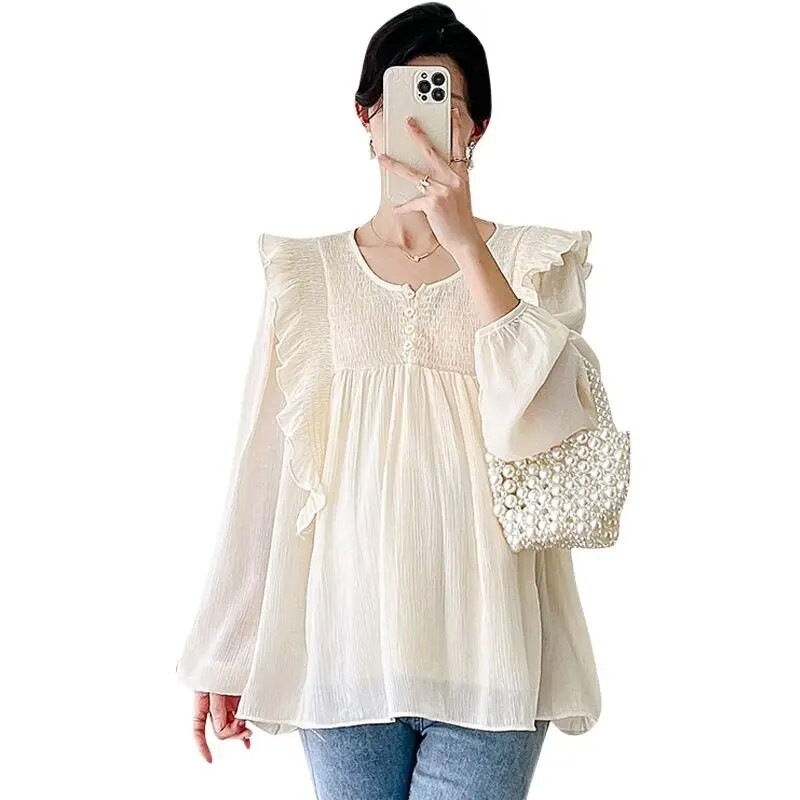 2023 Proljeće Jesen Odjeća za trudnice Korejski stil Dugi rukavi Nabori Patchwork Šifonske košulje za trudnice Široke bluze Slatke