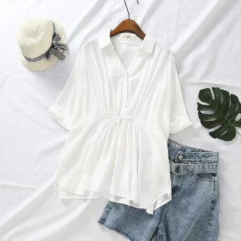 Μπλούζες εγκυμοσύνης Καλοκαιρινό μπλουζάκι για έγκυες Λευκά πουκάμισα Βαμβακερά λινά Ρούχα Gravida Plus Size Φόρεμα κοντά μανίκια
