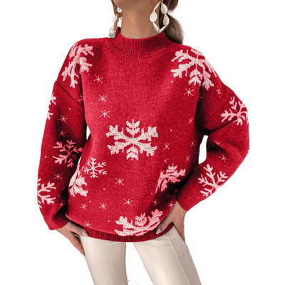 Női alap kötöttáru pulóver hosszú ujjú hópehely mintás horgolt pulóverek alkalmi karácsonyi őszi téli meleg kötött pulóverek