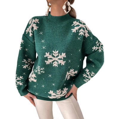 Női alap kötöttáru pulóver hosszú ujjú hópehely mintás horgolt pulóverek alkalmi karácsonyi őszi téli meleg kötött pulóverek