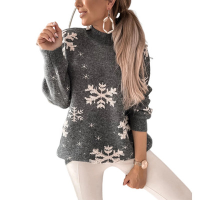 Női alap kötöttáru pulóver hosszú ujjú hópehely mintás horgolt pulóverek alkalmi karácsonyi őszi téli meleg kötött pulóverek
