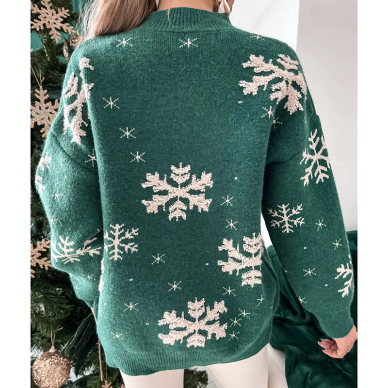 Női alap kötöttáru pulóver hosszú ujjú hópehely mintás horgolt pulóverek alkalmi karácsonyi őszi téli meleg kötött pulóverek