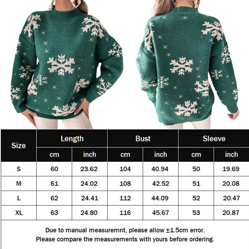 Női alap kötöttáru pulóver hosszú ujjú hópehely mintás horgolt pulóverek alkalmi karácsonyi őszi téli meleg kötött pulóverek