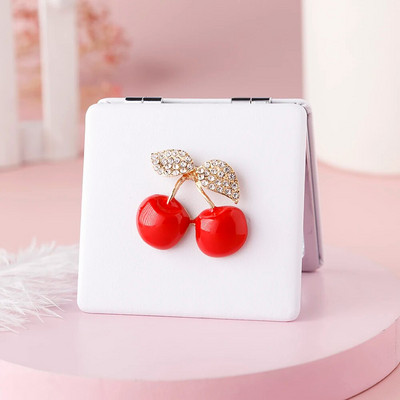 Mini Pocket Cosmetic Beauty makiažo veidrodis, 2 veidų PU odos nešiojamas didinamasis sulankstomas kompaktiškas veidrodis Vyšnių vakarėlis Dovanos