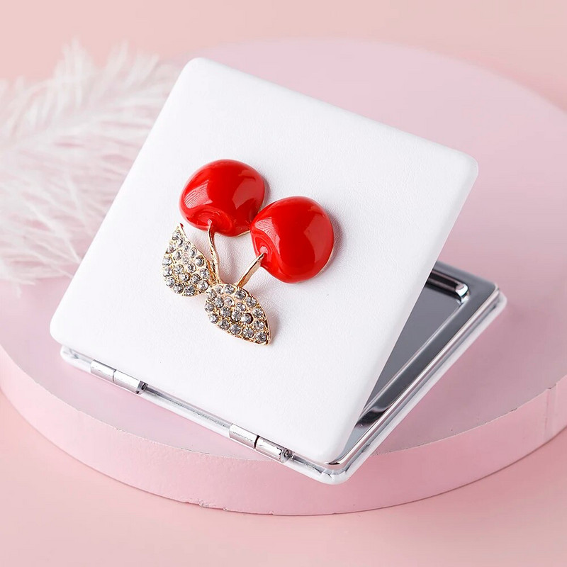 Mini Pocket Cosmetic Beauty makiažo veidrodis, 2 veidų PU odos nešiojamas didinamasis sulankstomas kompaktiškas veidrodis Vyšnių vakarėlis Dovanos