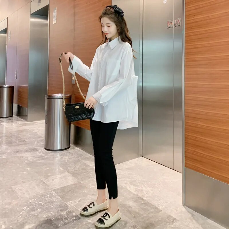 Proljetne majice za trudnice 2023. Modne bluze za trudnice s dugim rukavima i ovratnikom s vezom Odjeća za trudnice veće veličine