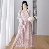 CARECODE Ljetna šifonska haljina za trudnice Elegantna naramenica s cvjetnim printom Ležerna trudnička široka duga haljina Odjeća za trudnice