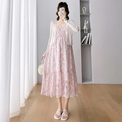 CARECODE Ljetna šifonska haljina za trudnice Elegantna naramenica s cvjetnim printom Ležerna trudnička široka duga haljina Odjeća za trudnice