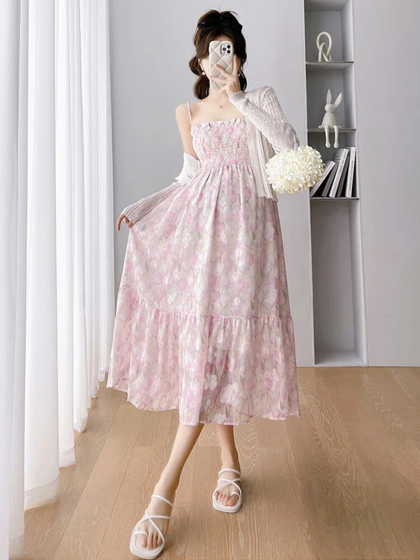 CARECODE Ljetna šifonska haljina za trudnice Elegantna naramenica s cvjetnim printom Ležerna trudnička široka duga haljina Odjeća za trudnice