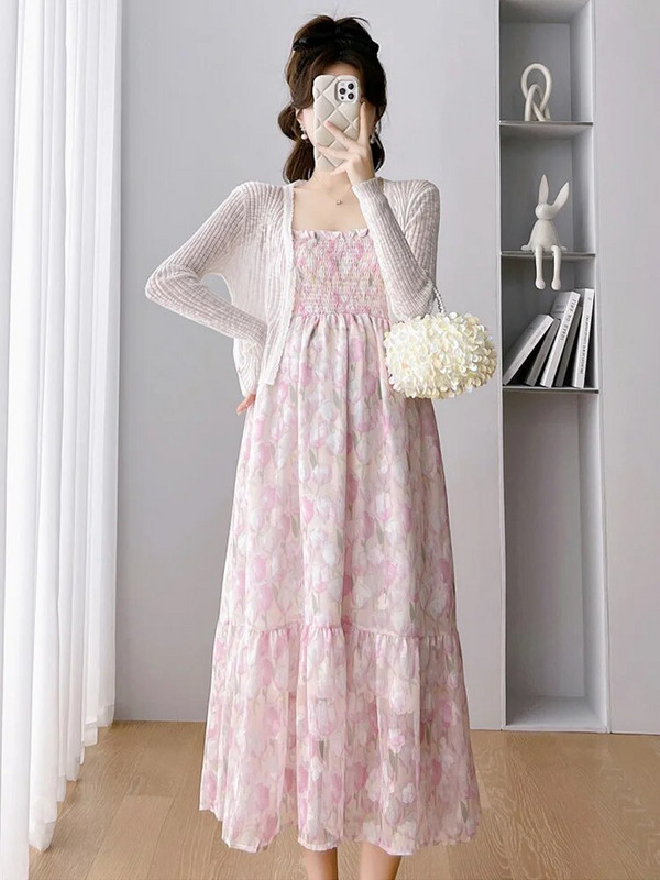 CARECODE Ljetna šifonska haljina za trudnice Elegantna naramenica s cvjetnim printom Ležerna trudnička široka duga haljina Odjeća za trudnice