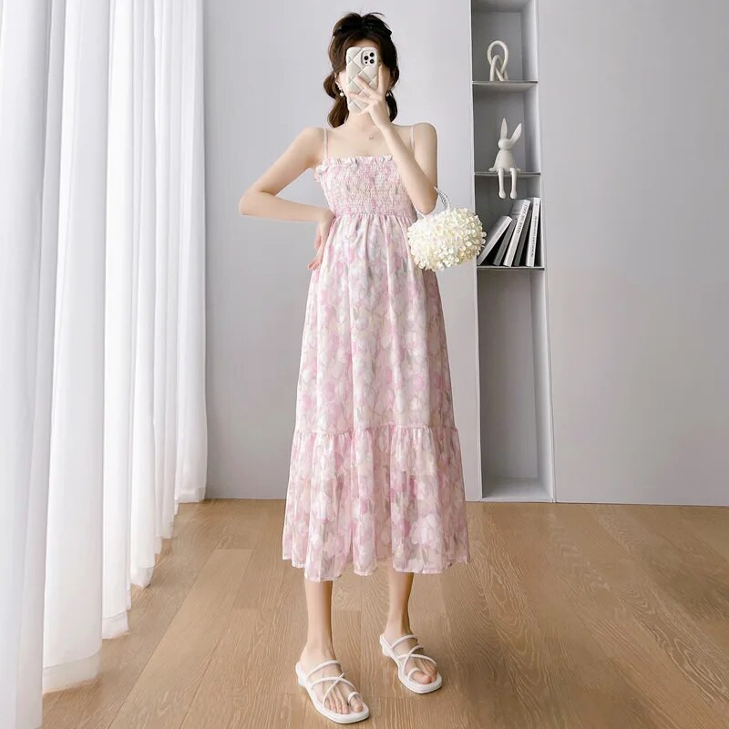 CARECODE Ljetna šifonska haljina za trudnice Elegantna naramenica s cvjetnim printom Ležerna trudnička široka duga haljina Odjeća za trudnice