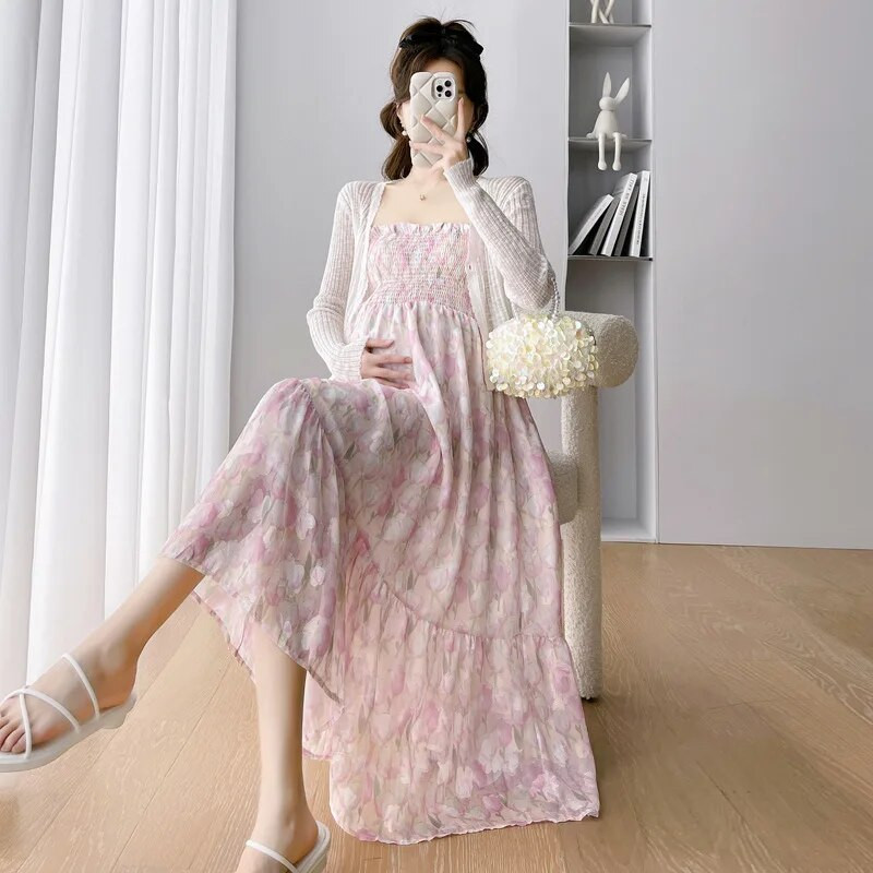 CARECODE Ljetna šifonska haljina za trudnice Elegantna naramenica s cvjetnim printom Ležerna trudnička široka duga haljina Odjeća za trudnice