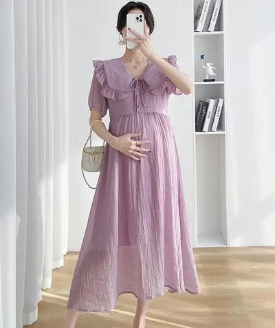 Ljetna haljina kratkih rukava za trudnice Odjeća za trudnice s kragnom za lutke za trudnice Elegantna trudnička haljina srednje dužine