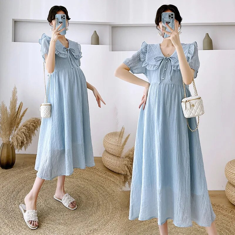 Ljetna haljina kratkih rukava za trudnice Odjeća za trudnice s kragnom za lutke za trudnice Elegantna trudnička haljina srednje dužine