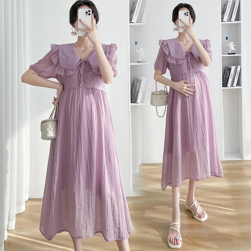 Ljetna haljina kratkih rukava za trudnice Odjeća za trudnice s kragnom za lutke za trudnice Elegantna trudnička haljina srednje dužine