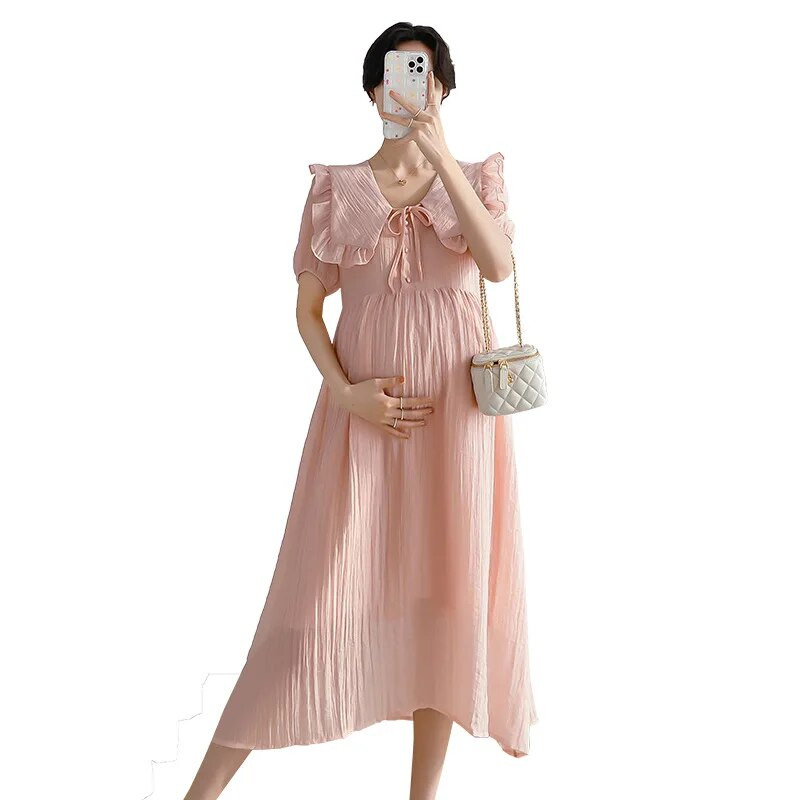 Ljetna haljina kratkih rukava za trudnice Odjeća za trudnice s kragnom za lutke za trudnice Elegantna trudnička haljina srednje dužine