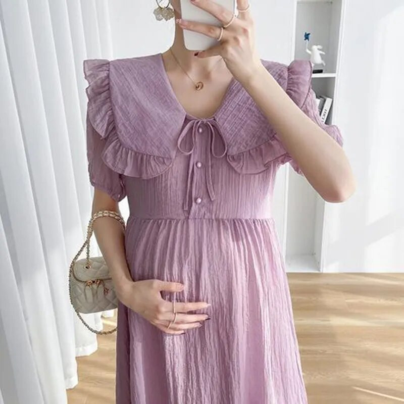 Ljetna haljina kratkih rukava za trudnice Odjeća za trudnice s kragnom za lutke za trudnice Elegantna trudnička haljina srednje dužine