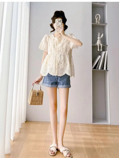 Čipkaste majice za trudnice u korejskom stilu, kratkih rukava, četvrtasti ovratnik, dugmad, bluze za trudnice, slatke trudničke majice od organze