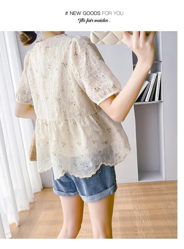 Čipkaste majice za trudnice u korejskom stilu, kratkih rukava, četvrtasti ovratnik, dugmad, bluze za trudnice, slatke trudničke majice od organze