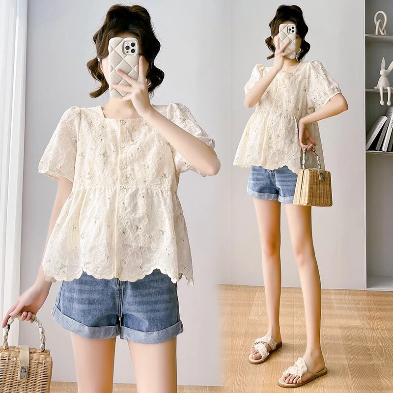Čipkaste majice za trudnice u korejskom stilu, kratkih rukava, četvrtasti ovratnik, dugmad, bluze za trudnice, slatke trudničke majice od organze