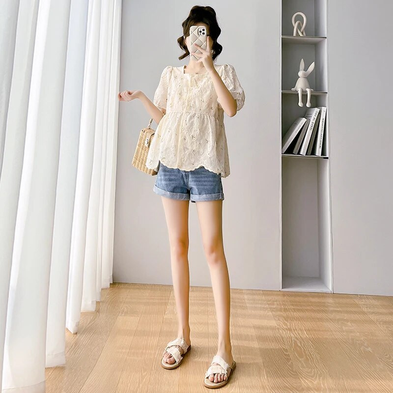 Čipkaste majice za trudnice u korejskom stilu, kratkih rukava, četvrtasti ovratnik, dugmad, bluze za trudnice, slatke trudničke majice od organze